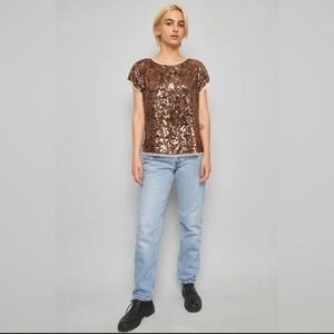 LOFT Womens XS Sequin Top Brown Short Sleeve Party Sparkle Blouse‎